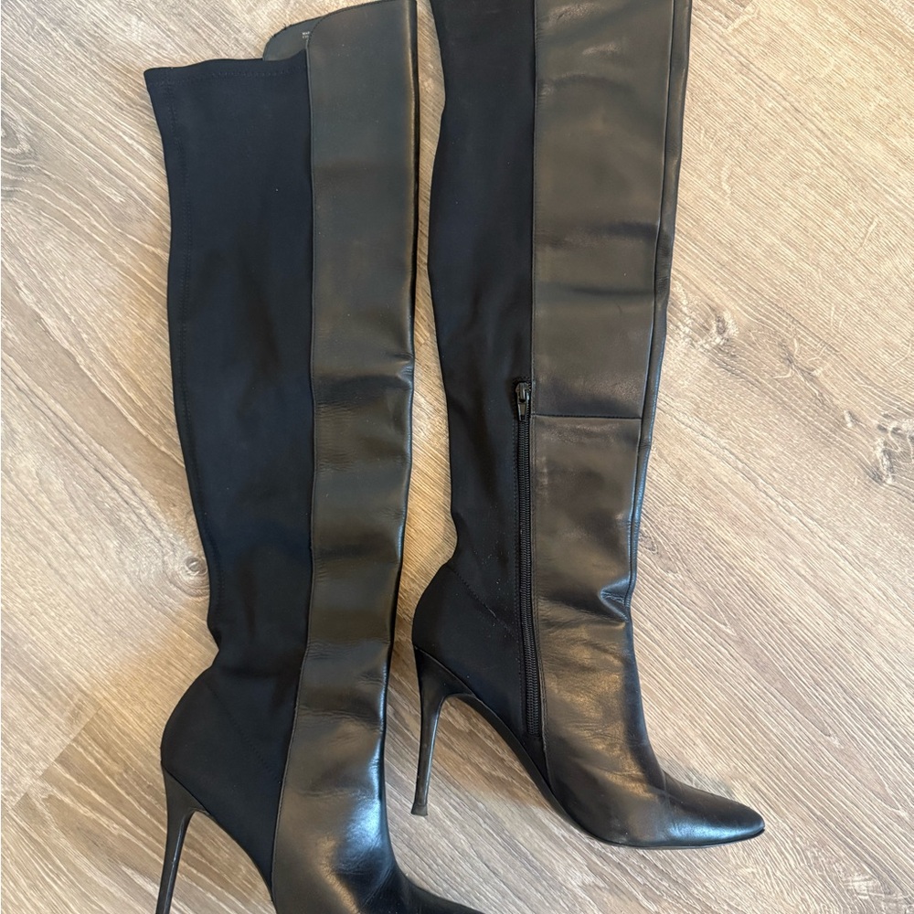 Neiman Marcus Black Leather and Spandex Over the Knee Boots Sleek Design